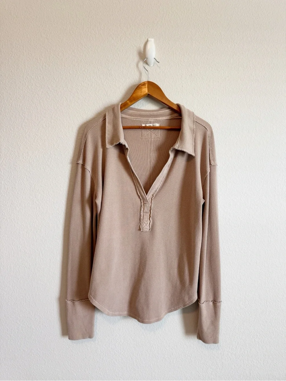 Free People Brown Tan Anakin Collared Thermal Polo Long Sleeve Top Size Large